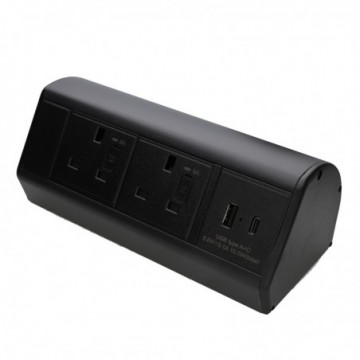 Desktop Bench Table Mountable PDU 2 x UK Sockets & USB-A/C Ports Power Pod Black