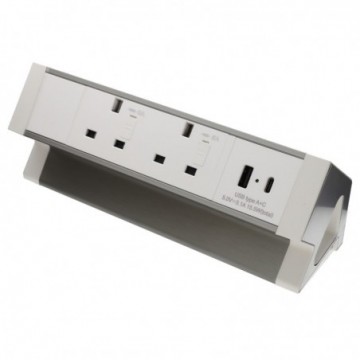 Office Desk Table Mountable PDU 2 x UK Mains Sockets & USB A & C Charging White