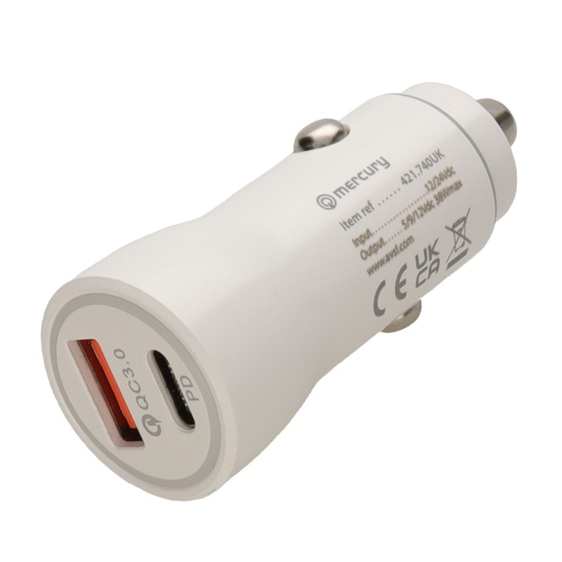 Fast Charge Car Charger Dual Port USB A and USB C QC 3.0 PD 38W
