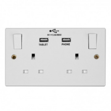 Twin Gang 13A 240V Mains Power Outlet with 2 x USB Sockets 5V 3.6A White