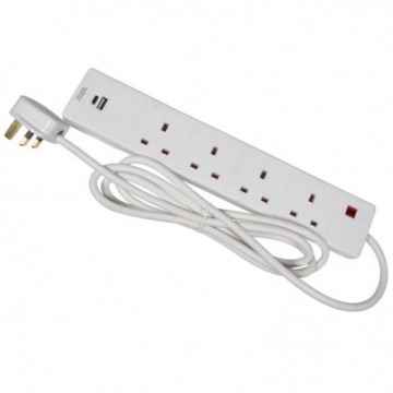 4 Gang Way 13A Mains Power Extension Lead with USB & PD USB-C Port LED 2m White