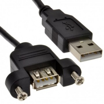 USB 2.0 Panel Mount Female A Socket to A Plug 28AWG Cable 0.3m 30cm Black