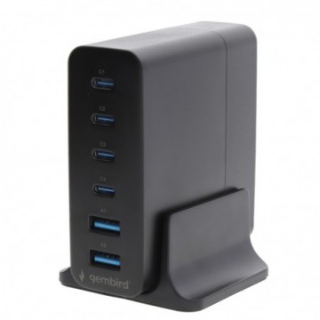 75W GaN USB Fast Charger 6 Port Black 4 USB-C 2 USB-A Desktop Power Dock