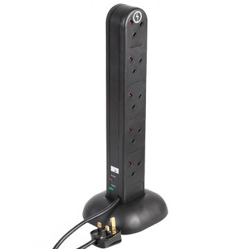 BLACK 10 Gang Way UK Mains Extension Tower Splitter with 2m Cable
