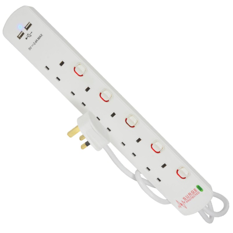 5 Gang Switched Extension Lead Surge Protection and Dual USB Ports 2m 5 Gang Switched Extension Lead Surge Protection and Dual USB Ports 2m