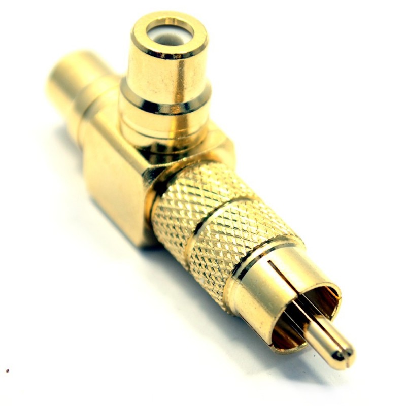 Phono Right Angle Twin Sockets to Phono Plug Splitter Adapter GOLD Phono Right Angle Twin Sockets to Phono Plug Splitter Adapter GOLD