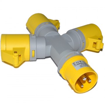 Industrial Site Power 110V 16A Splitter 1 to 3 Sockets IP44 Yellow