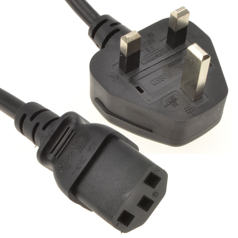 Power Cord UK Plug to IEC Cable (PC Mains Lead) C13  1.5m