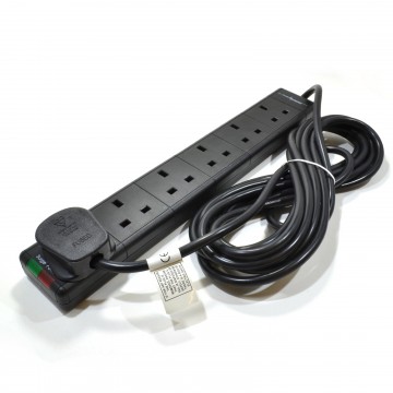 Surge Protected 6 Gang Way Mains Extension with Neon Lights Black  5m