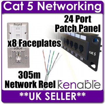 305m Solid Cat 5 Cable Reel 8 x Faceplates & 24 Port Patch Panel