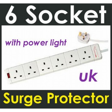 Surge Protected Extension Lead 6 Way Gang UK Mains Sockets WHITE 2m