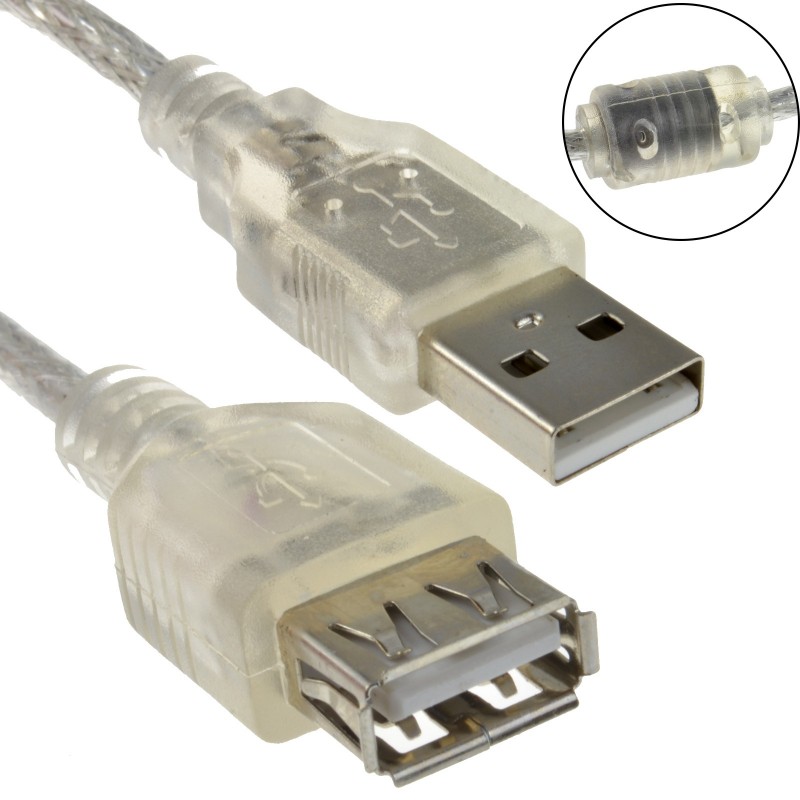 CLEAR USB 2.0 Extension Cable A to A Female Lead 24AWG Ferrite 2m