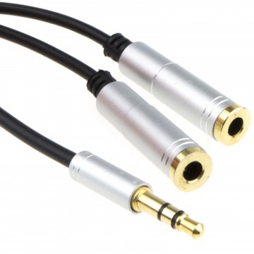 PRO OFC 3.5mm Stereo Jack AUX/Headphone Splitter TPE Cable Lead Gold 20cm BLACK