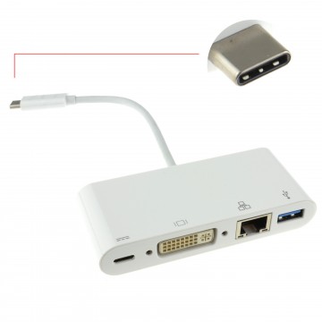 USB 3.1 Type C to DVI USB & Gigabit Adapter with PD Function 15cm