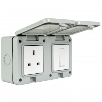 Double Gang Fully Weatherproof Switch & 3 Pin UK Power Socket Outdoor IP55 White