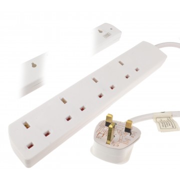 4 Gang SLIMLINE Wall Mountable UK Mains Extension Power Strip 1m White