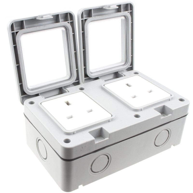 Outdoor IP55 Weatherproof UK Power Supply Socket Outlet 2 Gang with Backbox Outdoor IP55 Weatherproof UK Power Supply Socket Outlet 2 Gang with Backbox