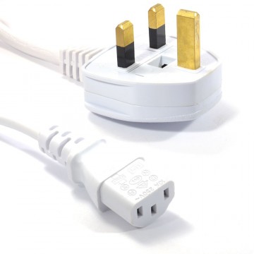 Power Cord UK Plug to IEC Cable (PC Mains Lead) C13  2m WHITE